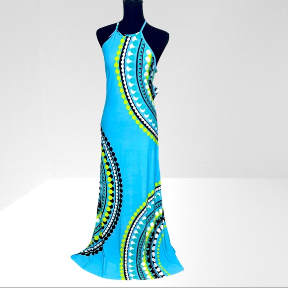 VENUS Dresses & Skirts - Venus Blue and Green Strappy Open Back Halter Neck Printed Maxi Dress